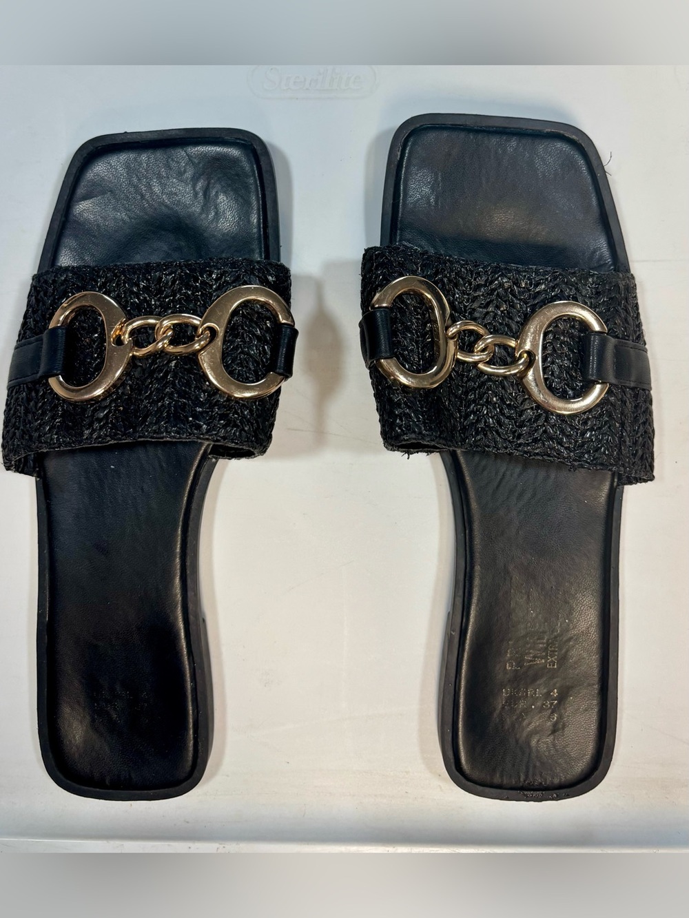 Black Slide Mules with Gold Horsebit Accent